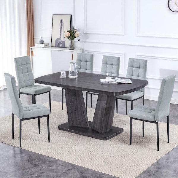 Harper & Bright Designs 7-Piece Gray 1.8 in. Thickness MDF Top Modern 6-Dining Table Set Seats with 6-Upholstered Chairs, V-Shaped Table Base
