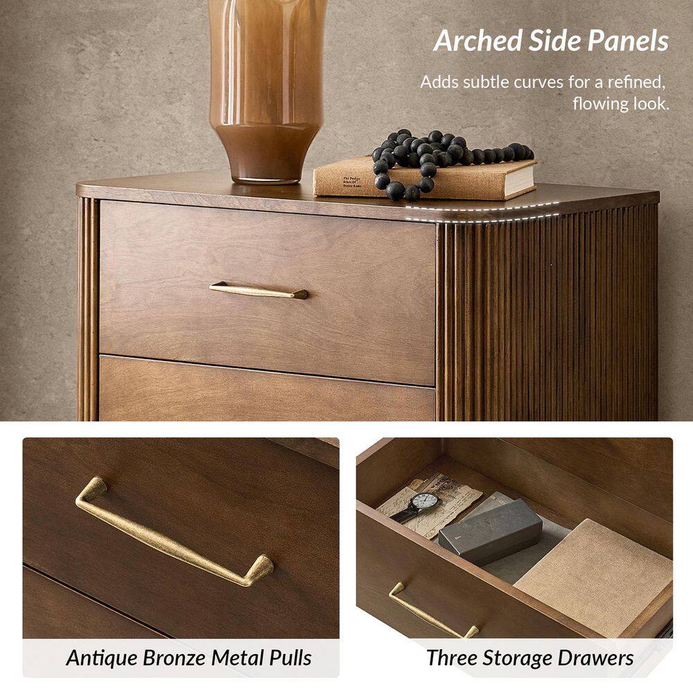 Details of the arched side panels and antique bronze pulls of the nightstand.