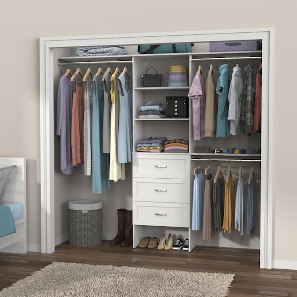 Style+ 73.1 in W - 121.1 in W White Basic Plus Floor Mount Wood Closet System KitWith Top Shelves and Shaker Drawers