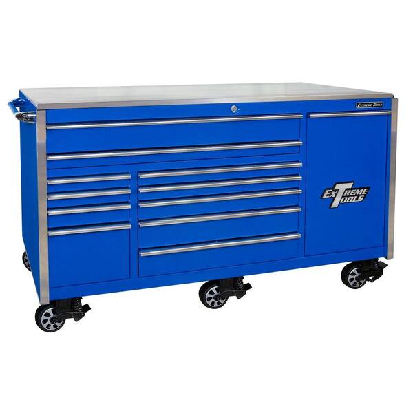 Extreme Tools 76 in. 12-Drawer Professional Roller Cabinet Includes Vertical Power Tool Drawer & Stainless Steel Work Surface in Blue