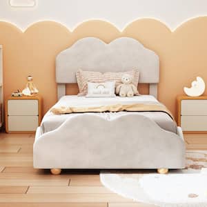 Beige Wood Frame Twin Size Soft Velvet Upholstered Platform Bed with Lovely Cloud Shaped Headboard