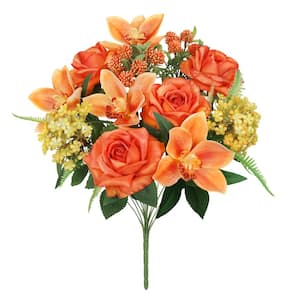 19 in. Orange Artificial Mixed Rose Cymbidium Orchid Snowball Flower Stem Bush Bouquet (Set of 2)