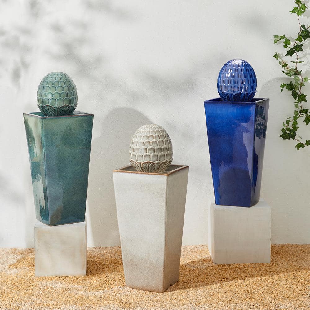 Tall Cobalt Blue Ceramic Artichoke Pedestal Fountain with LED Light