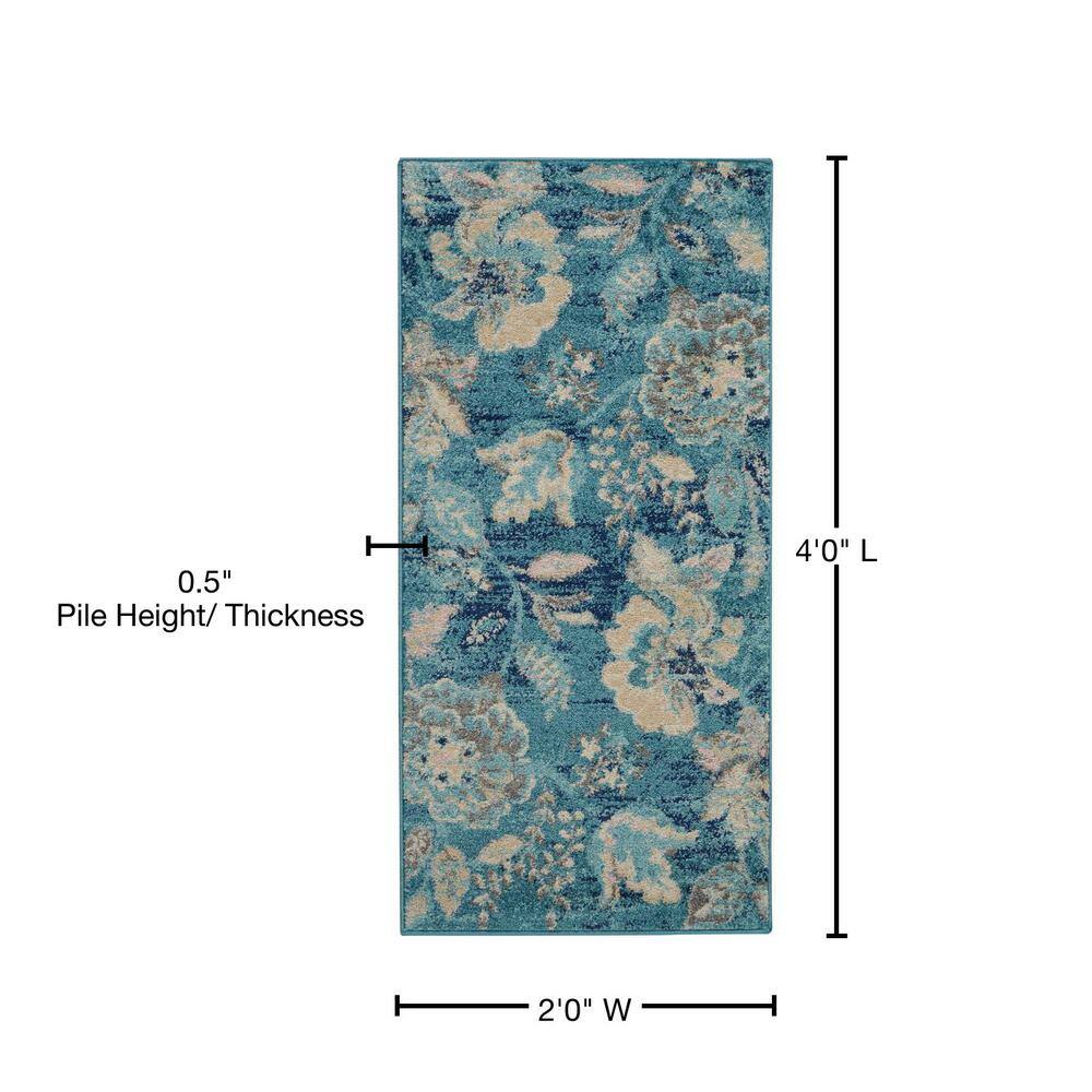 Handmade Turquoise Floral Rectangular Easy-Care Rug 2' x 4'