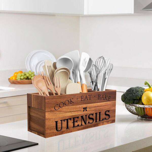 Natural Acacia Wood Utensil Holder Organizer with 4 Compartments Removable Divider Farmhouse Kitchen Caddy