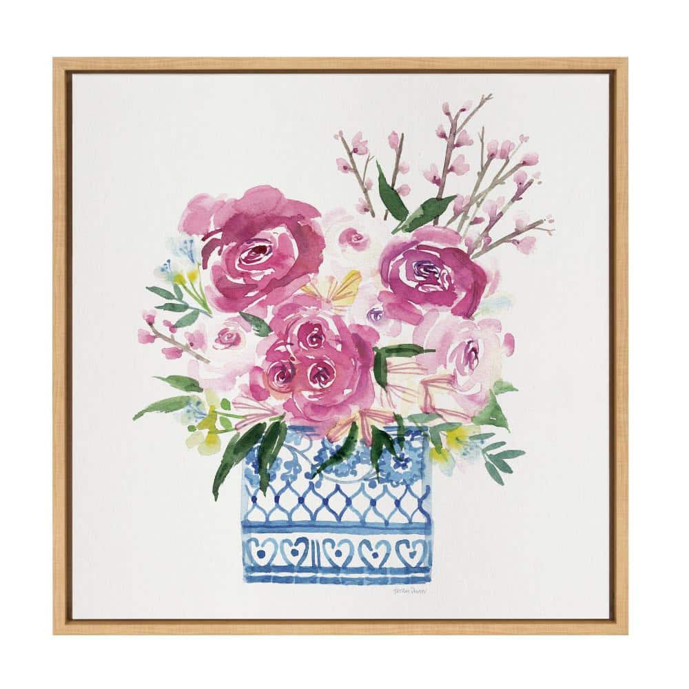 22" Pink Blooms Chinoiserie Canvas Print with Natural Frame