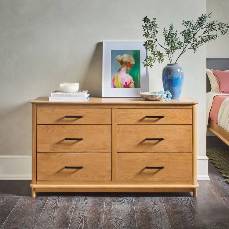 Walker Edison Furniture Company Contemporary English Oak 6-Drawer 54 in. Solid Wood Dresser with Curved Edge