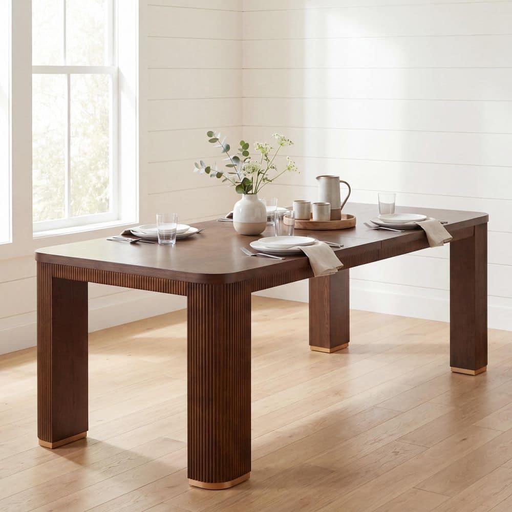 Riley Brown 90 in. W Wood 4-Legs Rectangle Dining Table , Fluted Textured Detailing, Gold Foot, Walnut, Seats-6