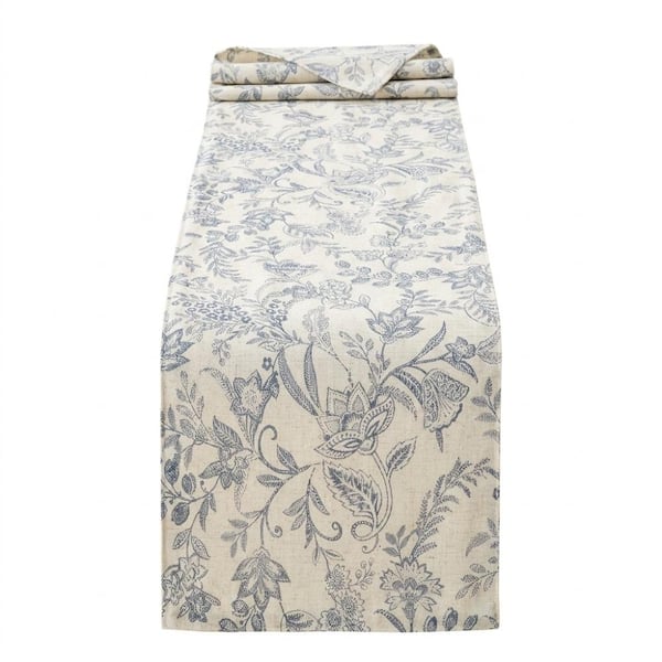 13 in. W x 72 in. L Blue Floral Linen Blend Table Runner for Table Decor 1 Pack