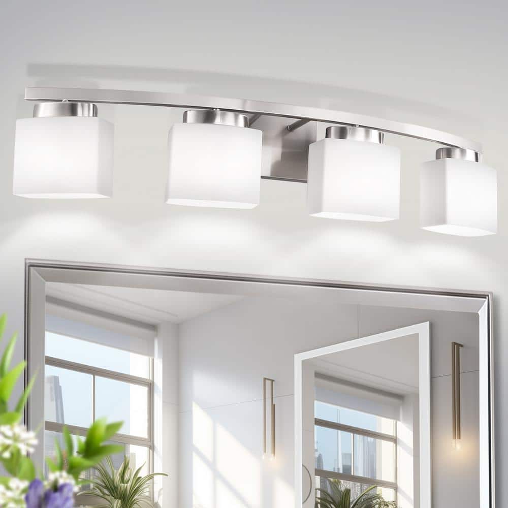 33.5 in. 4-Light Nickel Modern Square Vanity Light for Bathroom, Bedroom with Curved Arms and Milk White Glass Shades price history on PriceWatchPro
