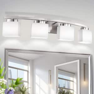 33.5 in. 4-Light Nickel Modern Square Vanity Light for Bathroom, Bedroom with Curved Arms and Milk White Glass Shades