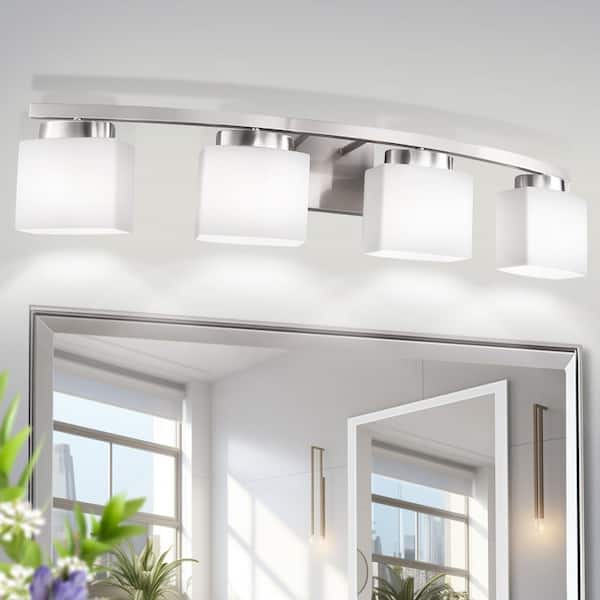 33.5 in. 4-Light Nickel Modern Square Vanity Light for Bathroom, Bedroom with Curved Arms and Milk White Glass Shades