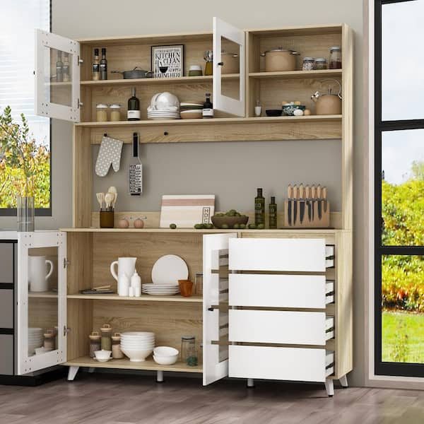 FUFU&GAGA Glass Doors Large Pantry Kitchen Cabinet Buffet with 4-Drawers,  Hooks, Open Shelves 74.8 in. H x 63 in. W x 15.7 in. D KF210128-045-KPL1 -  The Home Depot