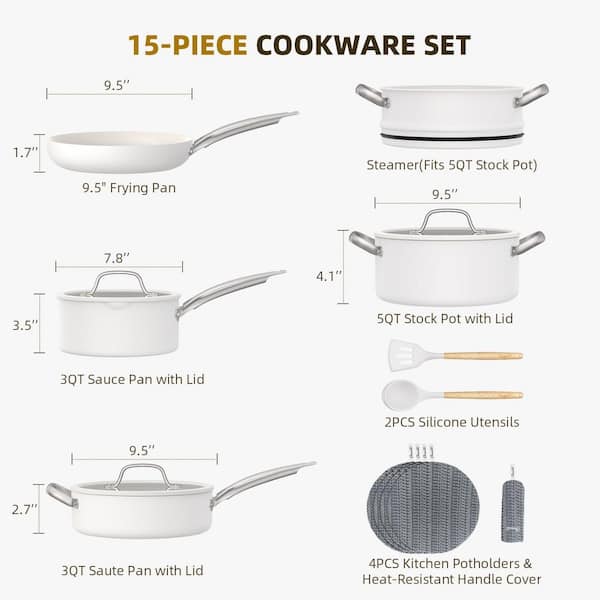 15-Piece Nonstick Ceramic Cookware Set Cream White Aluminum Oven Dishwasher Safe Induction Compatible Kitchen Set