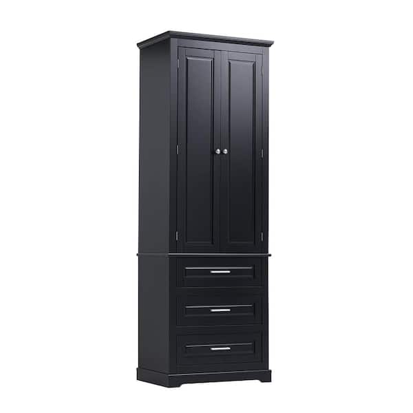 24 in. W x 16 in. D x 70 in. H Black Wooden Linen Cabinet, Tall Storage Cabinet with 3-Drawers for Bathroom/Office