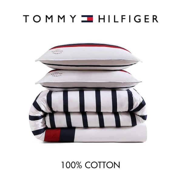 トミーヒルフィガー　クィーンサイズ　掛け布団 Tommy Hilfiger Tommy Classic Stripe 3-Piece White/Red/Navy Blue