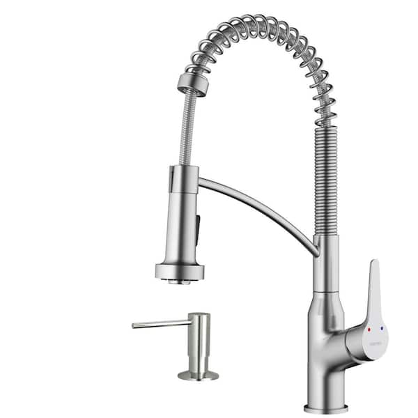 Karran Scottsdale Single Handle Pull Down Sprayer Kitchen Faucet with Matching Soap Dispenser in Stainless Steel