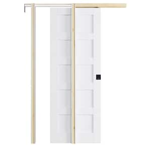 28 in. x 80 in. Primed 5-Lite MDF Door with White Pocket Door Frame and Hardware Kits (Soft Close and Black Lock Incl)