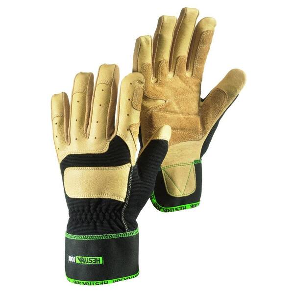 Hestra JOB Hassium Size 11 XX-Large Pigskin Knuckle Protection Breathable Strectch Fabric Glove in Black andTan