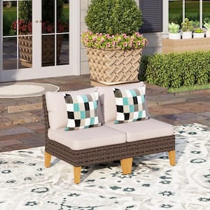 Dark Brown Rattan Wicker Outdoor Patio Armless Lounge Chairs with Beige Cushions (2-Pack)