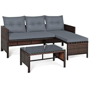 3-Piece Wicker Outdoor Corner Sectional Sofa Set with Gray Cushions and Coffee Table
