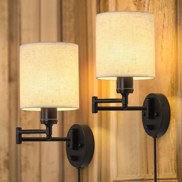 5.9 in. 2 Light Matte Black Metal Wall Sconce with Linen Shade, Plug-in Wall Lamps for Bedroom, (‎Bulb not included)