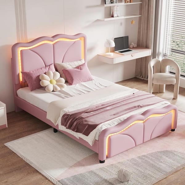 Harper & Bright Designs Pink Wood Frame Twin Size PU Upholstered Platform Bed with LED Light Strips and Height-adjustbale Headboard