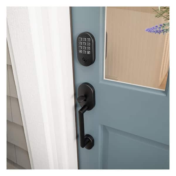 Remsen Matte Black Arrive Smart WiFi Deadbolt and Lower Half Door Handleset with Davlin Handle and Remsen Trim