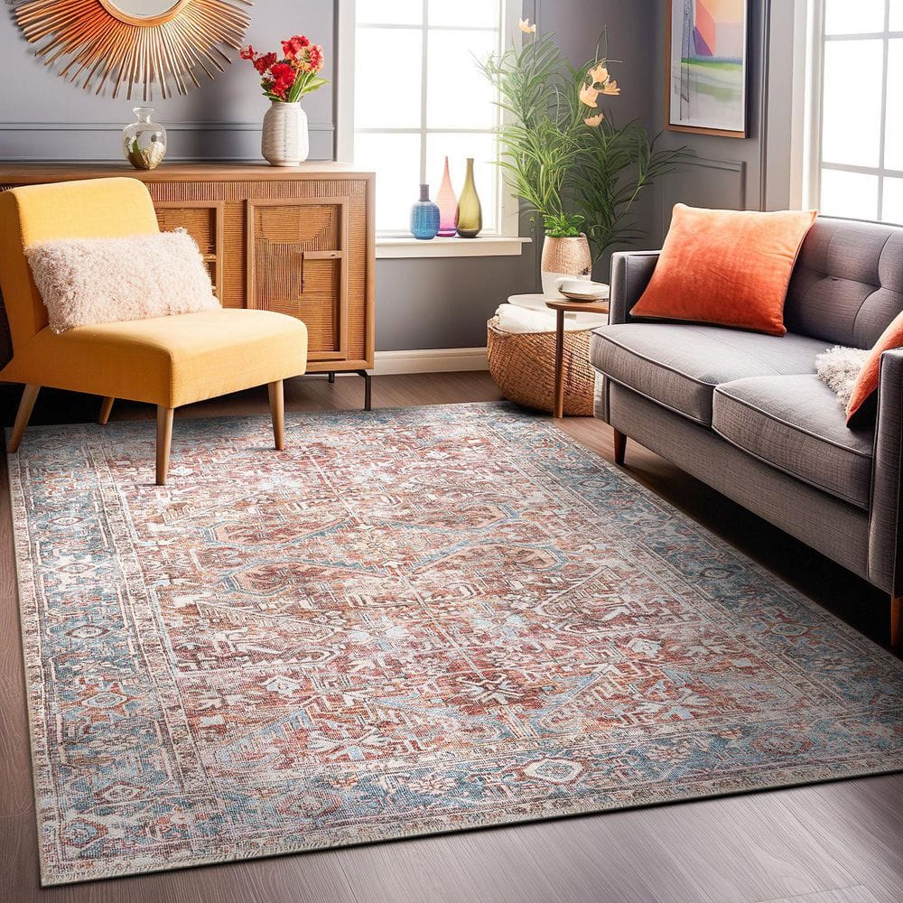 World Rug Gallery Vintage Distressed Machine Washable Red 5 ft. x 7 ft ...