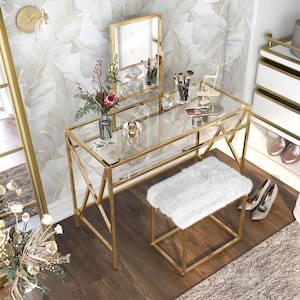 Helaine Contemporary 2-Piece in Champagne Metal Vanity and Stool Set