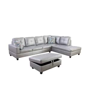 74.5in. W Square Arm 3-Piece Faux Leather L Shaped Sectional Sofa in Silver with Ottoman