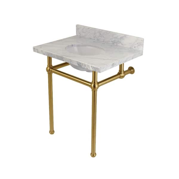 Kingston Brass Washstand 30 in. Console Table in Carrara Marble White with Metal Legs in Brushed Brass