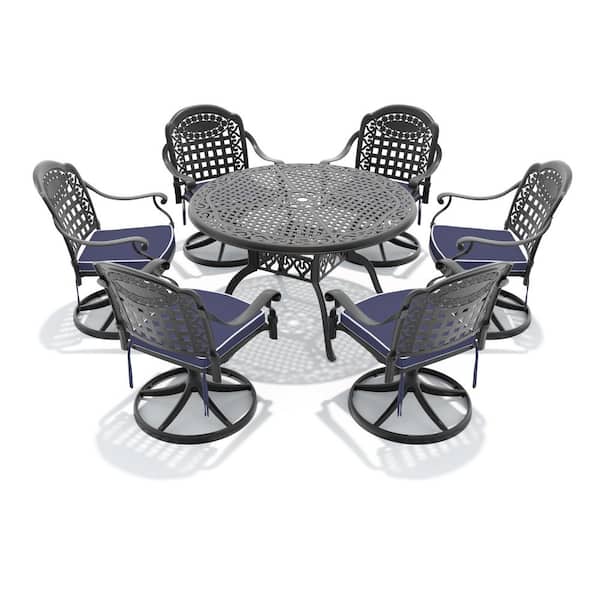 7-Piece Black Cast Aluminum Patio Outdoor Dining Set with Round Table and 6 Swivel Dining Chairs, Blue Cushions