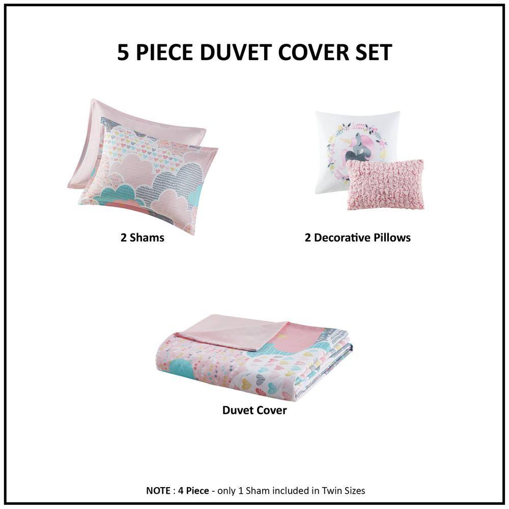 Whimsical Clouds Cotton Kids' Twin Duvet Cover Set with Embroidered Unicorn Pillow