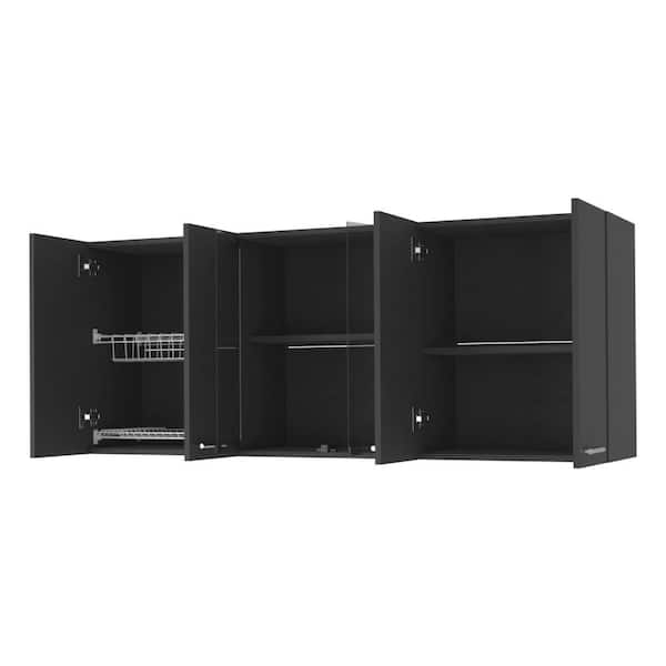 59 in. W x 12.4 in. D x 23.6 in. H Black Wood Ready to Assemble Wall Kitchen Cabinet with Center Glass Doors