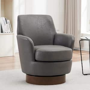 Luxurious PU Leather Swivel Barrel Chair with Walnut Stainless Steel Base - Grey
