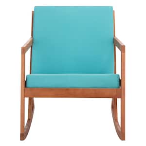 Vernon Light Brown 1-Piece Eucalyptus Wood Outdoor Rocking Chair with Light Blue Cushion