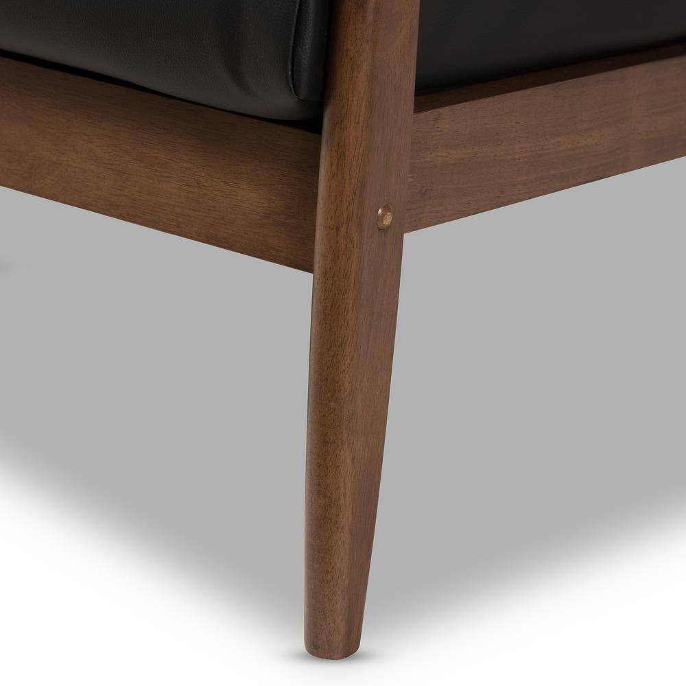 Venza Mid-Century Modern Black Faux Leather Walnut Wood 3-Seater Sofa