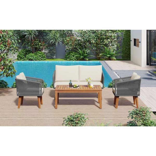 WTVWTV 4-Piece Solid Wood Modern Outdoor Patio Conversation Sofa Seating Set, Loveseat, 2 Chairs and Table with Beige Cushion