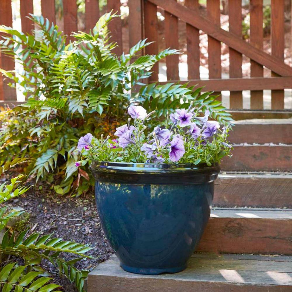 Monaco Blue Glossy Resin Outdoor Patio Planter, 12-Inch