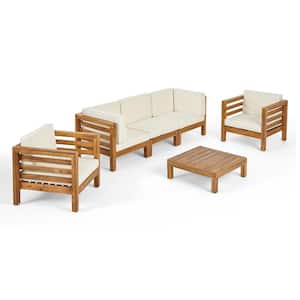 Oana Teak Brown 6-Piece Wood Outdoor Patio Conversation Seating Set with Beige Cushions