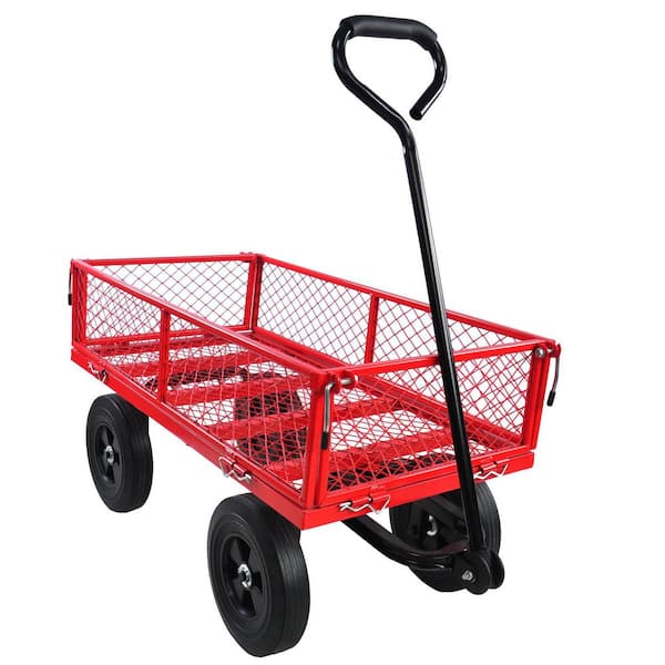 PARASOLAR 3.5 cu. ft. Red Utility Metal Garden Cart Outdoor Lawn Wagon with Removable Sides