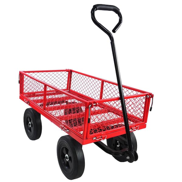 Tunearary 3.5 cu. ft. Red Utility Metal Garden Cart Outdoor Lawn Wagon with Removable Sides