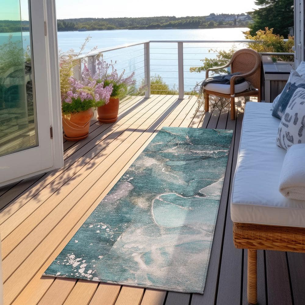 Teal Flat Woven Synthetic Indoor Outdoor Runner Rug