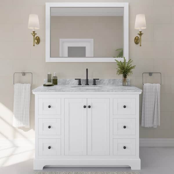 Wyndham Collection Avery 48 in. W x 22 in. D x 35 in. H Single Bath Vanity in White with White Carrara Marble Top