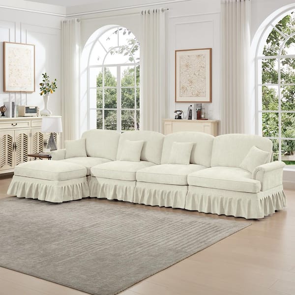 Chief 137.8 in. Flared Arms Chenille L-Shaped Sectional Sofa in Beige White, Removable Ruffles Pleats Skirts, 1 Ottoman