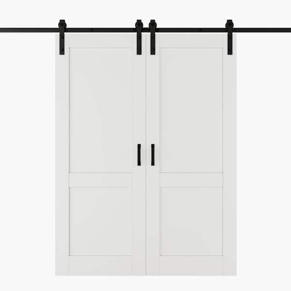 48 in. x 80 in. (Double 24 in.) Paneled 2 Lite White Primed Solid Core MDF Sliding Barn Door with Hardware Kit