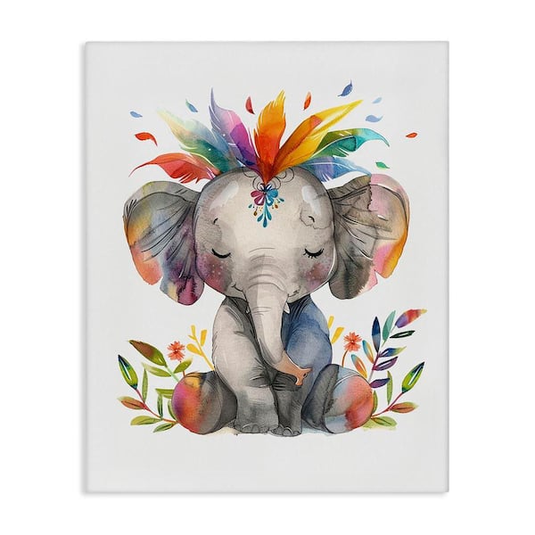 Stupell Industries Rainbow Blooms Elephant by LSR Design Studio Unframed Animal Graphic Art Print 48 in. x 36 in.