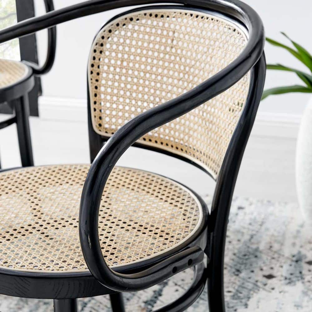 Black Elm Wood & Rattan Cane Low Arm Chair