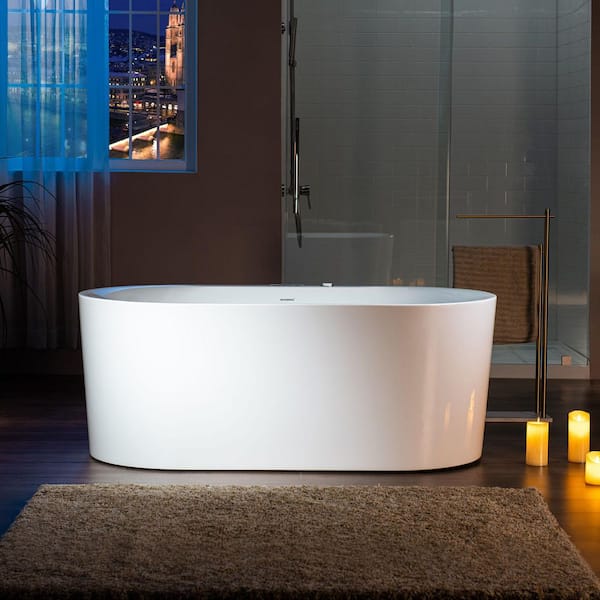 59 in. Acrylic Flatbottom Freestanding Whirlpool and Air with Inline Heater Bathtub,Drain and Overflow Included in White